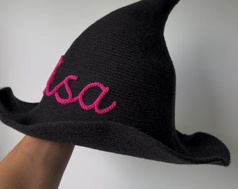 Personalized Witch Hat for Kids Adult, Custom Name Halloween Knitted Witch Hat, Embroidered Pointy Hat Costume, Spooky Season Party Gift