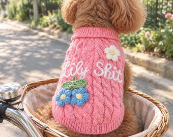 Personalized Dog Sweater with Name, Custom Hand Knit Pet Turtleneck, Embroidered Puppy Clothes, Small Dog Cable Knit Sweater, Dog Gift
