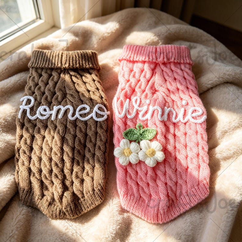 Puede incluir: Dos su&eacute;teres de punto trenzado para mascotas. El su&eacute;ter marr&oacute;n tiene el nombre Romeo bordado en blanco. El su&eacute;ter rosa tiene el nombre Winnie bordado en blanco y dos flores de ganchillo blancas con hojas verdes.