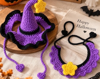 Crochet Halloween Pet Costume Set, Cat Witch Hat with Star Collar, Handcrafted Dog Cosplay Outfit, Spooky Halloween Pet Gift, Photo Prop