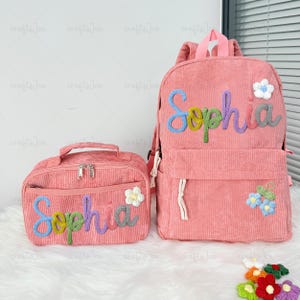 Mochilas personalizadas con nombre de hilo, lonchera personalizada, mochila y lonchera hechas a mano, regalo para la vuelta al cole, mochilas de pana personalizadas