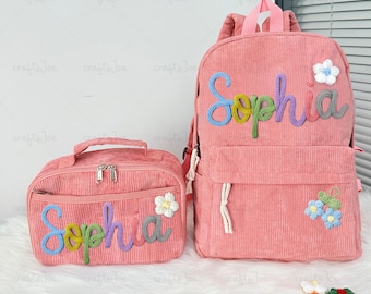 Mochila y lonchera de pana con nombre de hilo personalizado