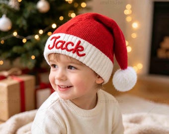 Custom Embroidered Name Santa Beanie, Hand-Knitted Christmas Hat