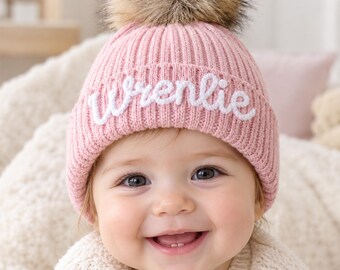 Handmade Kids Pompom Beanie With Name:Brown Pom poms,Christmas Gift