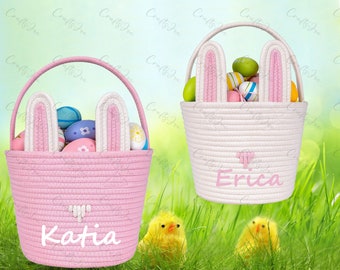 Customized Bunny Ear Rope Basket With Ur Name ,Personalized Easter Basket With Kids Name ,Easter Basket ,Easter Gift