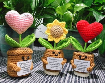 Plante de soutien émotionnel, tournesol au crochet fait main en pot, fleur en forme de coeur de tournesol au crochet fait main, cadeau pour maman