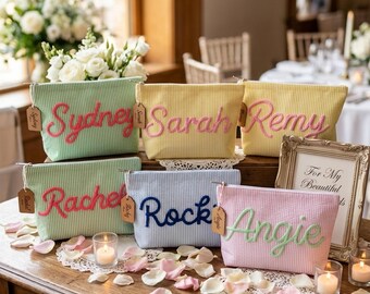 Custom Name Seersucker Cosmetic Bag, Personalized Embroidered Beach Pouch, Bachelorette Gift, Bridesmaid Makeup Bag, Summer Travel Toiletry