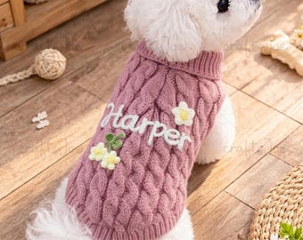Personalized Cable Knit Dog Sweater | Custom Name Turtleneck for Small Pets