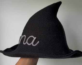 Personalized Embroidered Witch Hat, Custom Name Purple Knit Witch Hat, Cute Halloween Costume Accessory, Spooky Birthday Party Gift