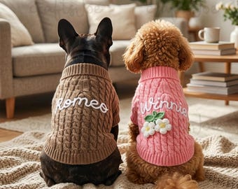 Personalized Dog Sweater with Name, Custom Hand Knit Pet Turtleneck, Embroidered Puppy Clothes, Small Dog Cable Knit Sweater, Dog Gift