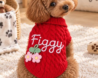 Personalized Sweater For Pet, Custom Hand Knit Pet Turtleneck, Embroidered Puppy Clothes, Small Dog Cable Knit Sweater, Dog Gift