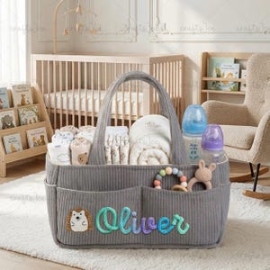 Personalized Corduroy Diaper Organizer Bag,Baby Diaper Caddy Organizer for Changing Table,Stylish Nursery Storage Basket, Newborn Essentials