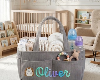 Gepersonaliseerde corduroy luieropbergtas, babyluierhouder voor commode, stijlvolle opbergmand voor baby's, essentials voor pasgeborenen