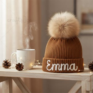 Handmade Kids Pompom Beanie With Name:Brown Pom poms,Christmas Gift