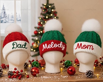 Personalized Christmas Beanie, Handmade Knitted Pom Pom Hat, Custom Name Gift