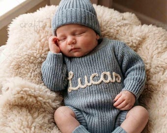 Personalized Baby Romper Set, Custom Name Knit Baby Outfit, Newborn Boy Coming Home Outfit, Baby Shower Gift, Hand-Knitted Cotton Romper