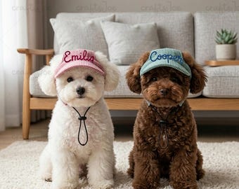 Chapeau de soleil personnalisé pour chien | Casquette de baseball brodée personnalisée pour chien | Visière d'été pour petit chien | Cadeau pour animal de compagnie | Chapeau de plage en velours côtelé pour chien