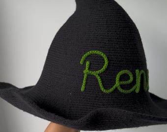 Personalized Witch Hat Mama and Me, Custom Name Halloween Knit Hat, Embroidered Pointy Costume Hat, Cute Spooky Season Photo Prop