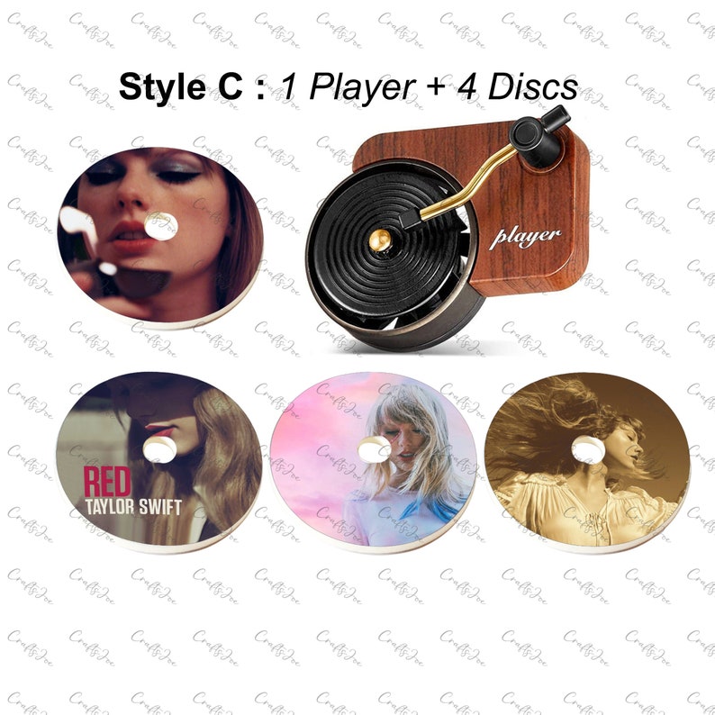 There are a records player and 4 vinyl air freshener with 4 discs Taylor Swift albums cover which are Fearless (Taylor’s Version),Midnights,Red and Fearless (Taylor’s Version)