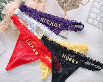 Gepersonaliseerde Thong met uw naam, aangepaste naam Thong G-strings, aangepaste Thong Bikini, paar cadeau, cadeau voor vrouw, Monther's Day Gift