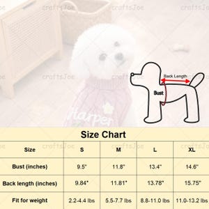 Puede incluir: Una tabla de tallas para ropa de mascotas con un diagrama de un perro que indica las medidas de busto y largo de espalda. La tabla enumera las tallas S, M, L y XL con el busto, largo de espalda y peso correspondiente en libras.