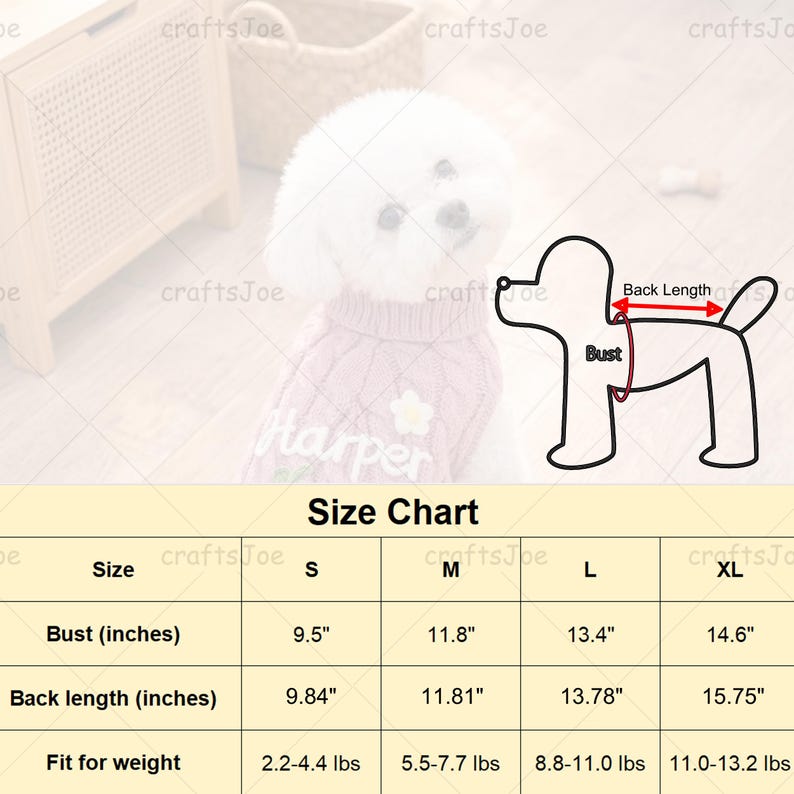 Puede incluir: Una tabla de tallas para ropa de mascotas con un diagrama de un perro que indica las medidas de busto y largo de espalda. La tabla enumera las tallas S, M, L y XL con el busto, largo de espalda y peso correspondiente en libras.