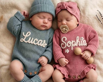 Custom Embroidered Twin Baby Romper, Personalized Knit Onesie with Name, New Baby Coming Home Outfit, Baby Shower Gift for Boy Girl Twins
