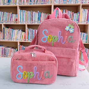 Mochila y lonchera personalizadas hechas a mano, mochilas con nombre de hilo personalizado, lonchera con nombre de hilo, regalo de regreso a clases, mochilas de pana personalizadas