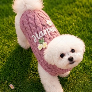 Puede incluir: Un perro peque&ntilde;o de color blanco lleva puesto un su&eacute;ter de punto trenzado en color rosa empolvado. El su&eacute;ter presenta el nombre Harper bordado en letra blanca, decorado con peque&ntilde;as flores tridimensionales blancas y amarillas.