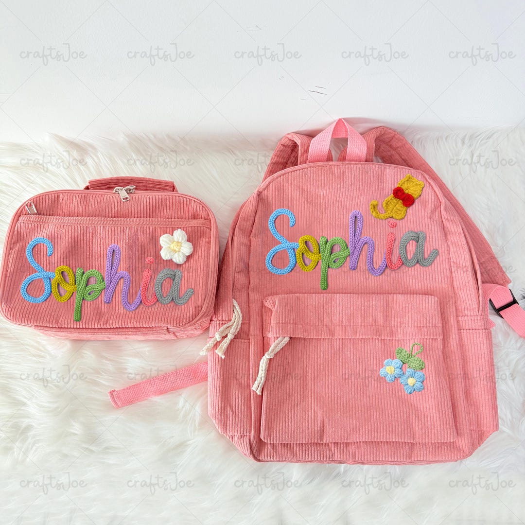 Custom Corduroy Backpack and Lunchbag Set, Crocheted Yarn Name - Etsy