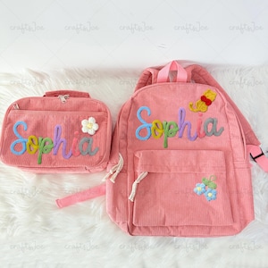 Mochila y lonchera personalizadas hechas a mano, mochilas con nombre de hilo personalizado, lonchera con nombre de hilo, regalo de regreso a clases, mochilas de pana personalizadas