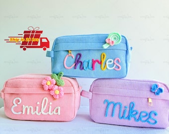 Handmade Yarn Name Corduroy Pencil Case, Personalized School Supplies