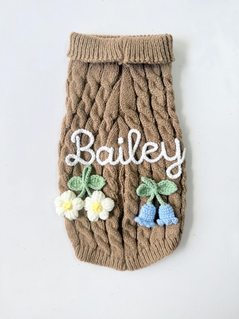 Puede incluir: Un su&eacute;ter de punto trenzado color canela con el nombre Bailey bordado en blanco. El su&eacute;ter est&aacute; decorado con dos flores blancas de ganchillo con centros amarillos a la izquierda y dos flores azul claro en forma de campana a la derecha.