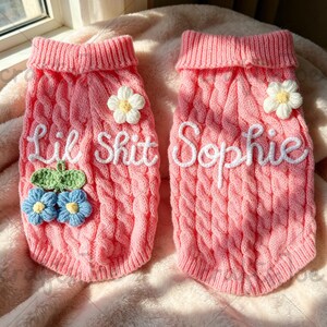 Puede incluir: Dos su&eacute;teres de punto trenzado rosa con texto bordado en blanco. El su&eacute;ter izquierdo muestra el texto Lil Shit con una aplicaci&oacute;n de flor verde y azul. El su&eacute;ter derecho muestra el texto Sophie con una aplicaci&oacute;n de flor blanca.