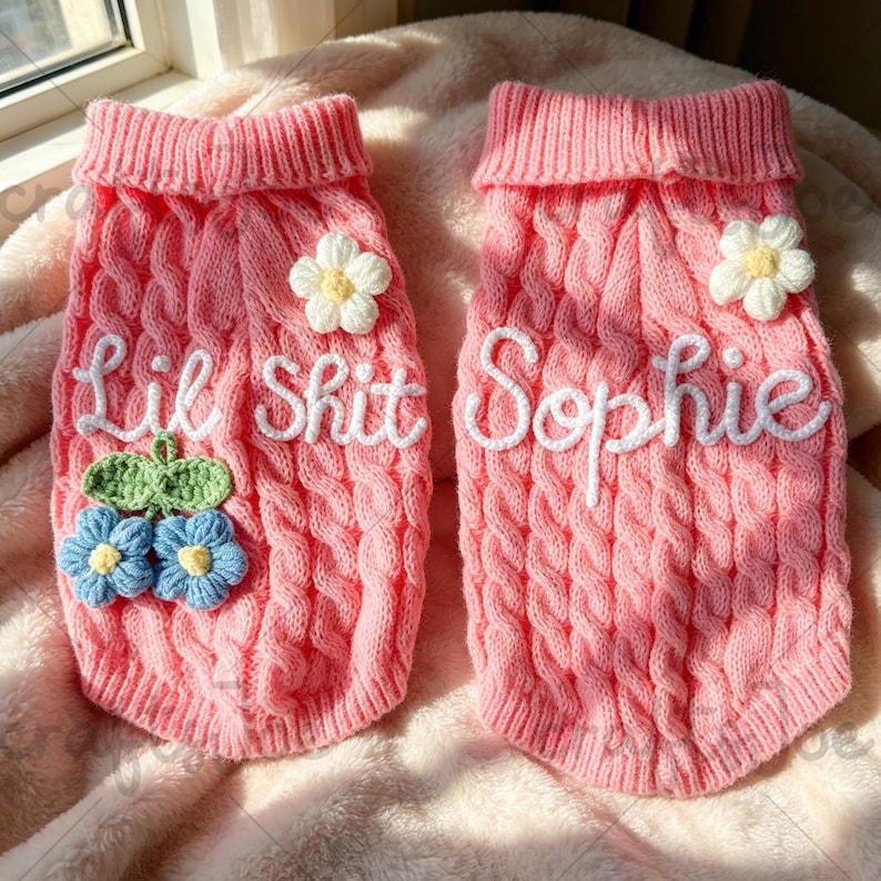 Puede incluir: Dos su&eacute;teres de punto trenzado rosa con texto bordado en blanco. El su&eacute;ter izquierdo muestra el texto Lil Shit con una aplicaci&oacute;n de flor verde y azul. El su&eacute;ter derecho muestra el texto Sophie con una aplicaci&oacute;n de flor blanca.