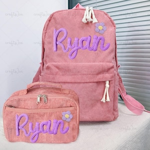 Mochila y lonchera personalizadas hechas a mano, mochilas con nombre de hilo personalizado, lonchera con nombre de hilo, regalo de regreso a clases, mochilas de pana personalizadas