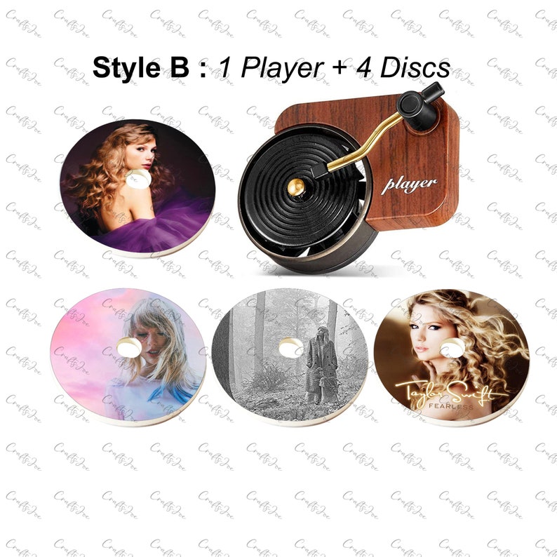 There are a records player and 4 vinyl air freshener with 4 discs Taylor Swift albums cover which are Speak Now (Taylor’s Version),Lover,Folklore
and Fearless