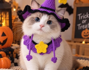 Crochet Halloween Pet Costume Set | Purple Witch Hat | Star Collar for Cats & Dogs — Handcrafted Pet Cosplay Outfit | Spooky Halloween Gift
