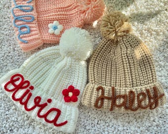 Embroidered Kids  with Name,Embroidered Pompom Beanie ,Winter Hat For Kids,Gift For Baby,Christmas Gift