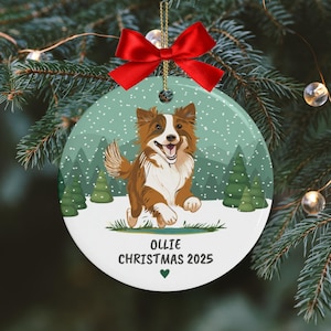 Border Collie Christmas Ornament, Personalised Red Border Collie Tree Decoration, Custom Ceramic Pet Name Ornament, Christmas Keepsake Gift