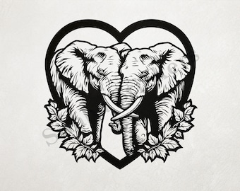 Elephants In Love Romantic Heart Shape St. Valentine's Day Romantic Outline Art Transparent PNG+SVG African Savanna Wild Animal Image