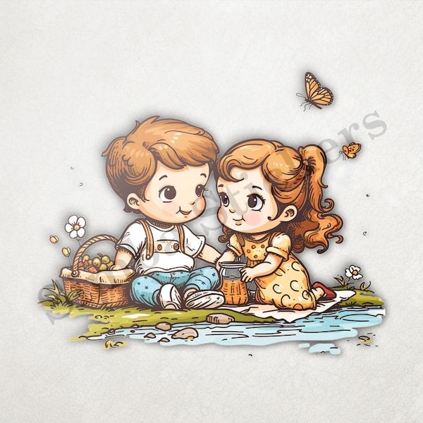 Sweet Boy And Girl Children In Love, With Picnic Basket Next To pond,  Watercolour PNG+SVG Transparent Background Digital Art Sticker Image