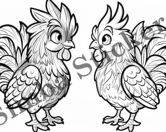 10-pack Hen And Rooster Chicken On Farm Colouring Page Vector Illustration SVG  Domestic Farm Bird Animal  Art Black-and-white Images