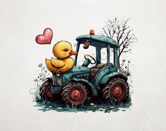 Duckling In Love With Farmer's Tractor  Transparent PNG+SVG Fun Digital Sticker Domestic Farm Animal