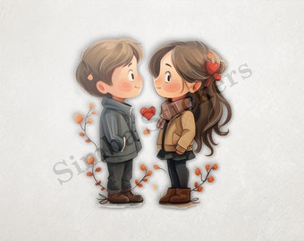 Boy And Girl Sitting, Girl Holding Flowers PNG+SVG Transparent Background Digital Art Sticker Image