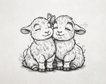 Goat Kids Cuddling Cheek-to-cheek St. Valentine's Day Romantic Outline Art Transparent PNG+SVG Fun Digital