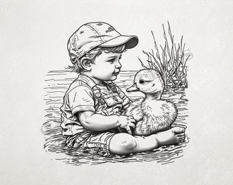 Duck Embraced By Small Boy Wearing A Cap Outline Art Transparent PNG+SVG Fun Digital Sticker Domestic Farm Animal