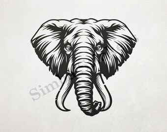 Elephant Face With Large Trunk And Tusks Outline Art Transparent PNG+SVG African Savanna Wild Animal Clipart Digital Sticker Image