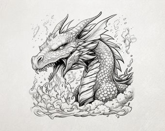 Dragon Breathing Fire, Engulfed In Smoke Outline Art PNG+SVG Transparent Background Digital Art  Sticker
