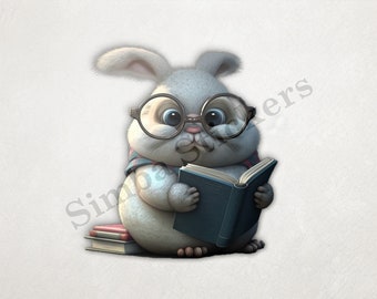 Chubby Bunny Rabbit In Glasses Reading Book PNG+SVG Transparent Background Digital Art Domestic Farm Animal Clipart Sticker Image